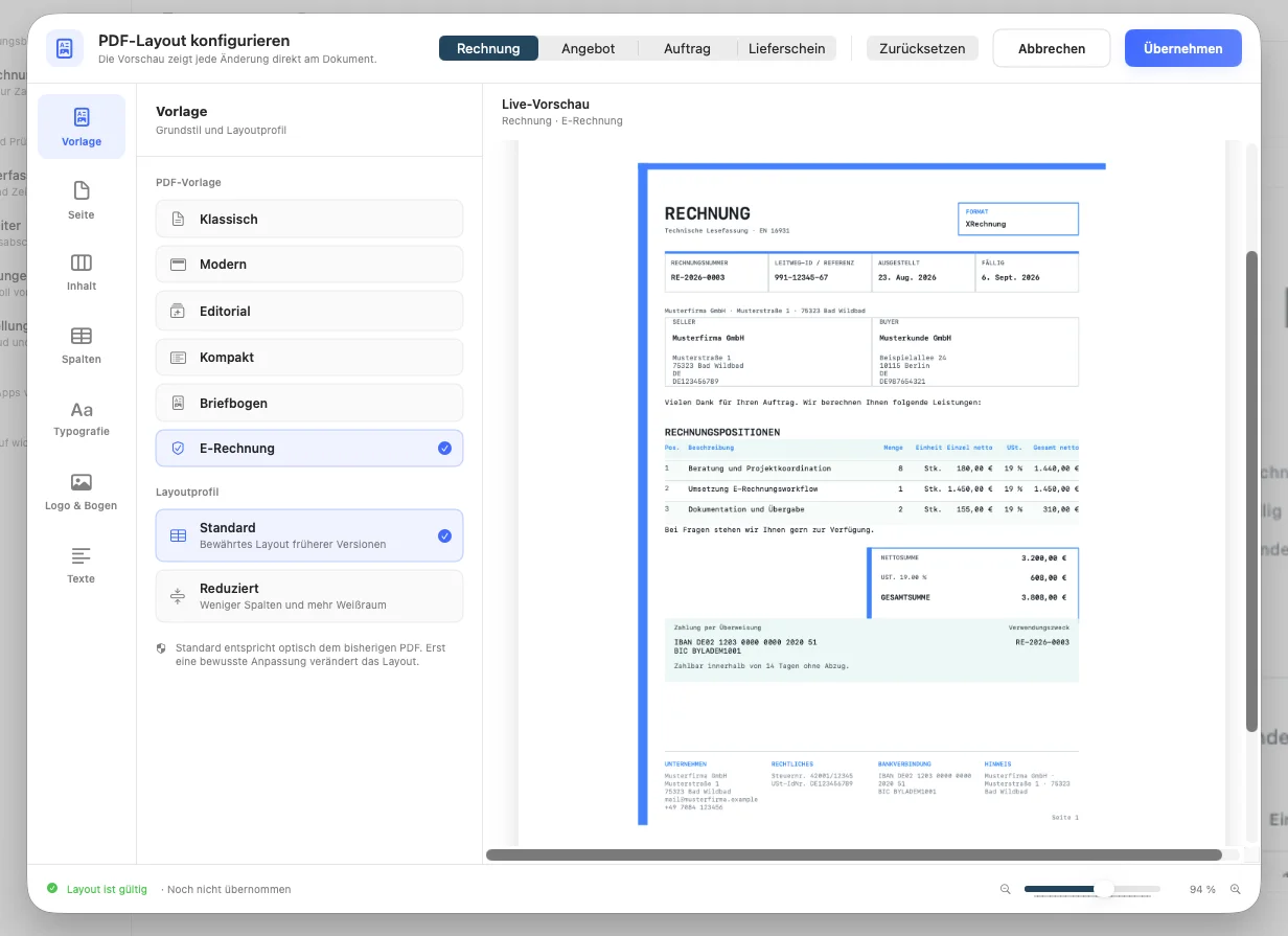 PDF-Vorlage E-Rechnung in der Live-Vorschau des Layout-Editors
