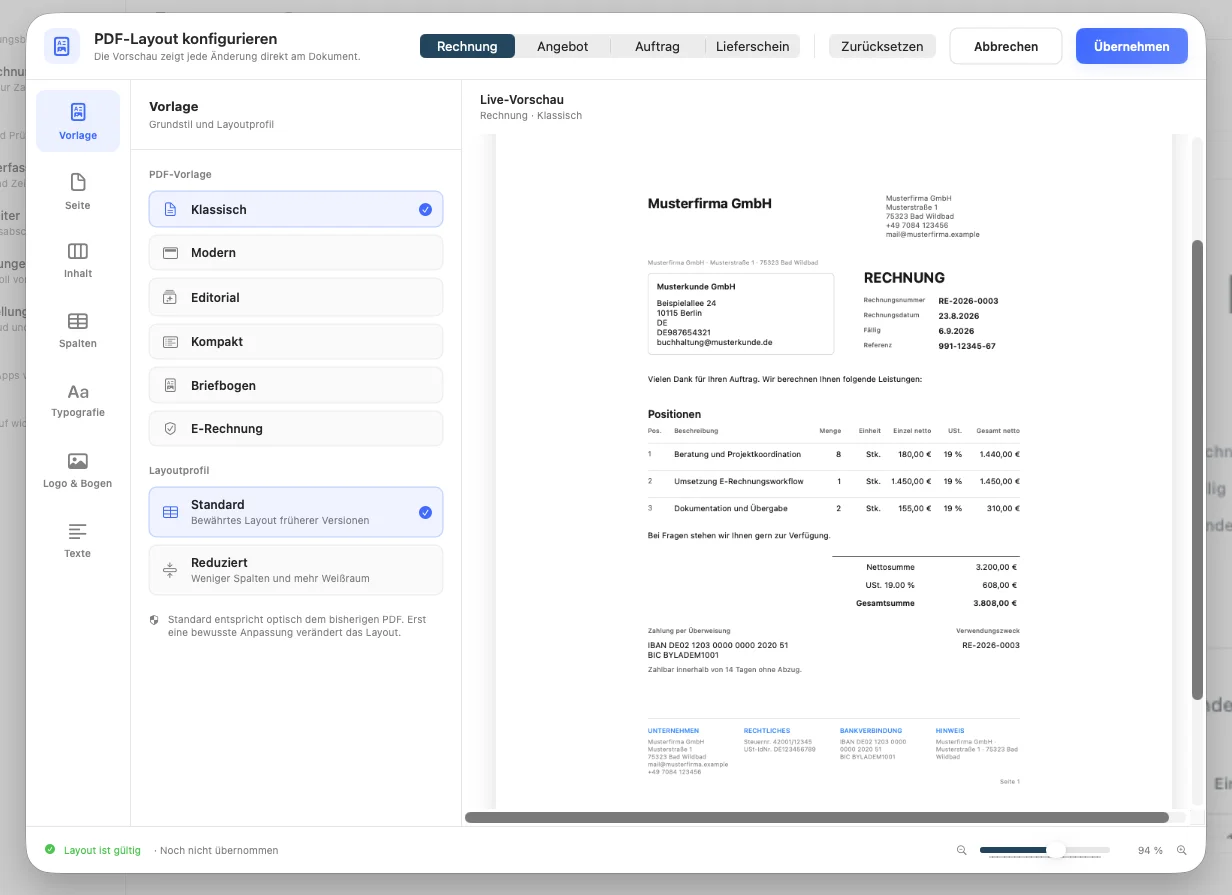 PDF-Vorlage Klassisch in der Live-Vorschau des Layout-Editors